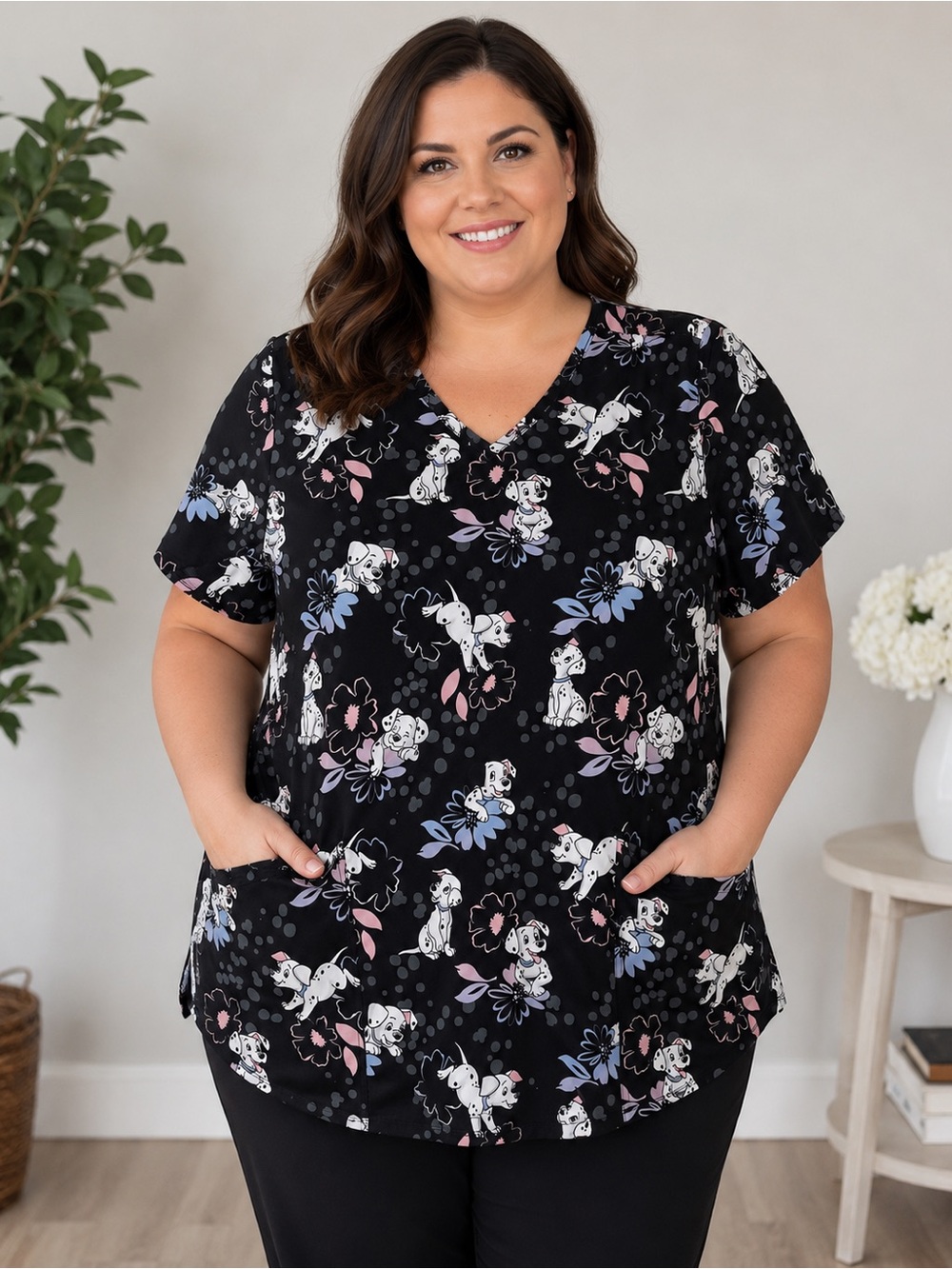 Disney 101 Dalmatians Scrub Top Women’s XL Black V-Neck Stretch Pockets